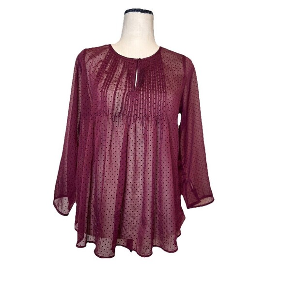Burgundy Peasant Blouse Swiss Dot Semi Sheer Keyhole Babydoll Top Women‎ Small - Picture 1 of 9